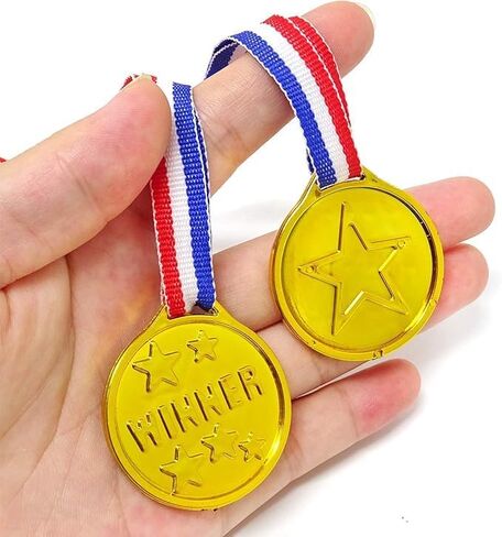 24PCS Gold Plastic Winner Award Medals Gymnastics Field Day Awards Medals for Recreational Activities, Games, Sports, Dress Up and More with Red, White & Blue Ribbons in Saudi Arabia