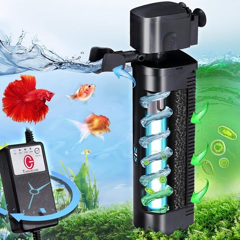 Aquarium U-V Filter 290GPH w/ Scientific Timer for 40-150 Gallon Fish Turtle Tank Internal Filter Bio Sponge Submersible Power Pump w/ Aeration Deodorization Saltwater Freshwater Green Clean Machine in Saudi Arabia