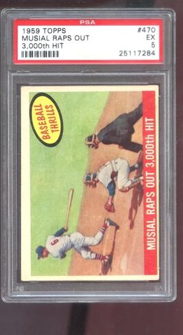1959 Topps # 470 Stan Musial Raps Out 3000th Hit Thrills PSA 5 متدرج البيسبول - ألواح البيسبول بطاقات عتيقة موقعة in Kuwait
