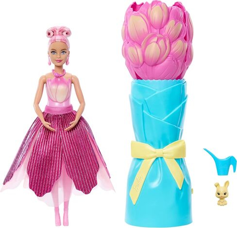 Barbie Petal Pop Scented Doll with Pink Tulip Dress & Accessories, Bouquet Reveal with Pet Bunny & Surprises Like Watering Can, Necklace & Earrings​​​ in Saudi Arabia