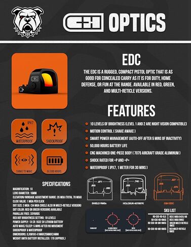 C+H EDC Red Dot Sight Pistol Optic - 3 MOA and Multiple Reticle Options Available, Low-Profile, Perfect for Concealed Carry (Red Multi Reticle - RMSc) in Kuwait
