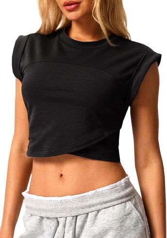 Navneet Women Crossover Fitted Short Sleeve Workout Crop Tank Tops Athletic Gym Yoga Cropped T Shirt in Saudi Arabia
