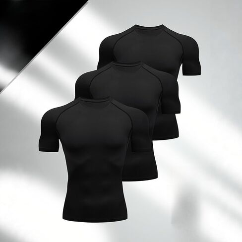 Men's 3 Pack Short Sleeve Compression Shirts, Quick Dry Crew Neck Workout T Shirts, Athletic Base Layer Tops for Gym Training in Saudi Arabia
