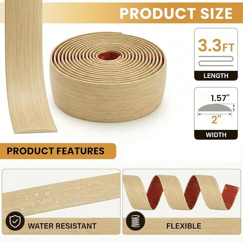 3.3Ft Self Adhesive Floor Transition Strip, 2 Inch Flat Doorway Threshold, Rental Floor Repair Trim, Small DIY Project & Mirror Frame, Flexible PVC (Brown Natural Oak Wood Grain) in Saudi Arabia