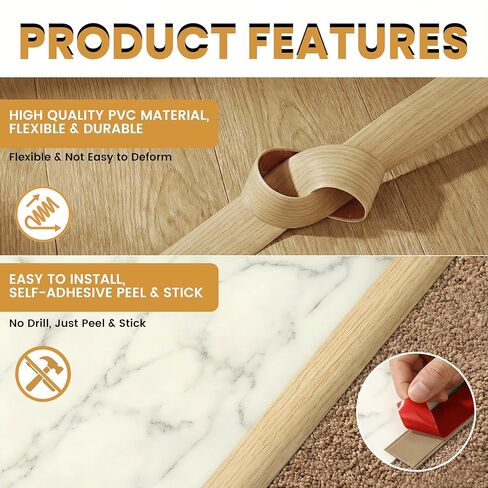 3.3Ft Self Adhesive Floor Transition Strip, 2 Inch Flat Doorway Threshold, Rental Floor Repair Trim, Small DIY Project & Mirror Frame, Flexible PVC (Brown Natural Oak Wood Grain) in Saudi Arabia
