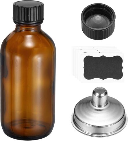 PATIKIL 3oz/60ml Round Glass Bottles with Leak-Proof Caps, Amber Sample Glass Bottle with Stickers Stainless Steel Funnel Replacement Cap for Homemade Essential Oil Perfume Extract in Saudi Arabia