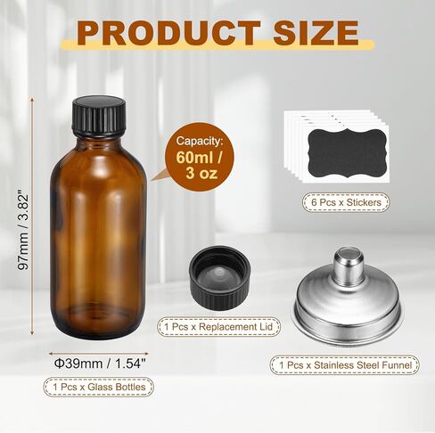 PATIKIL 3oz/60ml Round Glass Bottles with Leak-Proof Caps, Amber Sample Glass Bottle with Stickers Stainless Steel Funnel Replacement Cap for Homemade Essential Oil Perfume Extract in Saudi Arabia