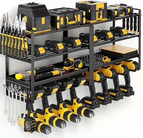 32" W Large Power Tool Organizer Wall Mount, 4 Tiers Heavy Duty Metal Garage Storage Racks, Drill Hanger Storage Rack with 8 Drills Holder, Utility Racks for Garage Workshop in Saudi Arabia