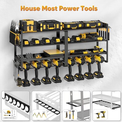 32" W Large Power Tool Organizer Wall Mount, 4 Tiers Heavy Duty Metal Garage Storage Racks, Drill Hanger Storage Rack with 8 Drills Holder, Utility Racks for Garage Workshop in Saudi Arabia