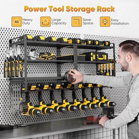 32" W Large Power Tool Organizer Wall Mount, 4 Tiers Heavy Duty Metal Garage Storage Racks, Drill Hanger Storage Rack with 8 Drills Holder, Utility Racks for Garage Workshop in Saudi Arabia