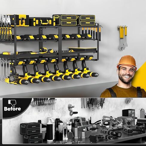 32" W Large Power Tool Organizer Wall Mount, 4 Tiers Heavy Duty Metal Garage Storage Racks, Drill Hanger Storage Rack with 8 Drills Holder, Utility Racks for Garage Workshop in Saudi Arabia