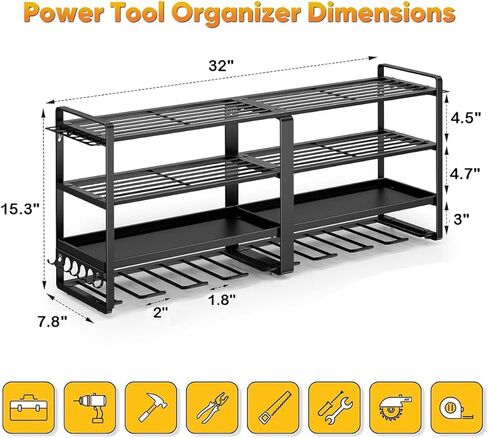 32" W Large Power Tool Organizer Wall Mount, 4 Tiers Heavy Duty Metal Garage Storage Racks, Drill Hanger Storage Rack with 8 Drills Holder, Utility Racks for Garage Workshop in Saudi Arabia