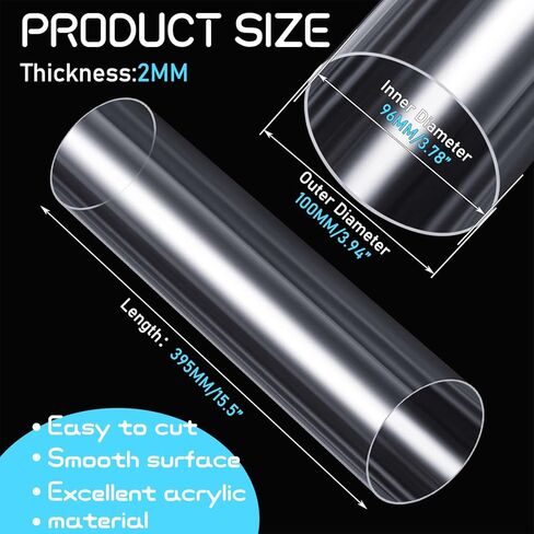 Pangda 4 Pcs 4" OD x 15.5" Clear Acrylic Pipe Plastic Tube 96mm ID x 100mm OD x 2mm Wall Thickness Round Rigid Long Pipe for Plumbing, Water Cooling System, Lamps and Lanterns Accessories in Saudi Arabia