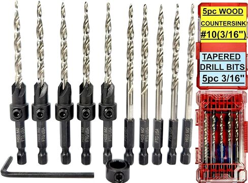 FTG USA 5 Pc #4#6#8#10#12 Countersink Drill Bit Set with 5 Pc Replacement Tapered Drill Bits for Wood in Storage Container in Saudi Arabia