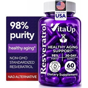 VitaUp Trans-Resveratrol Supplement – 98% Purity USA Made Resveratrol Capsules 600mg - Standardized to 98% Trans-Resveratrol – Antioxidant for Healthy Aging & Energy Support – 60 Caps in Kuwait