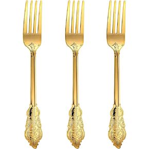 100 قطعة من شوك البلاستيك الذهبي N9R، أواني فضية بلاستيكية ذهبية للاستعمال مرة واحدة مقاس 7.48 بوصة، شوك بلاستيكية شديدة التحمل للحفلات وحفلات الزفاف والمناسبات in Kuwait