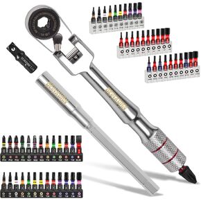 مجموعة مفاتيح ربط بسقاطة بمقبض على شكل حرف T برأس مرن 180 درجة من Geinxurn، 72 سنًا 1/4 بوصة سقاطة قابلة للعكس مع شريط تمديد، محول مقبس و1 بوصة لقم مفك تأثير (فيليبس/توركس/سداسي) للاستخدام بنفسك in Kuwait