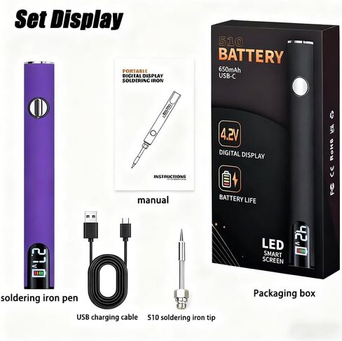 مكواة لحام لاسلكية احترافية ببطارية 510 خيط مع شاشة LED وتحكم دقيق في درجة الحرارة USB-Cقلم لحام بنفسجي كهربائي قابل لإعادة الشحن بقدرة 650 مللي أمبير في الساعة، عمل دقيق/إصلاح الأجهزة، تعديل 3 سرعات in Kuwait
