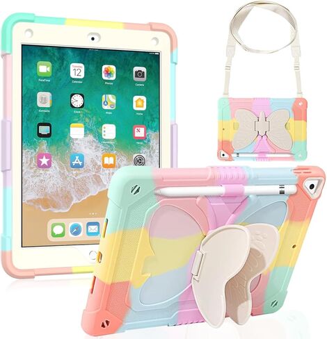 حافظة أطفال لجهاز iPad 9.7" 2018 2017/iPad Air 2/Pro 9.7 - حافظة iPad متينة مقاومة للصدمات على شكل فراشة الجيل السادس/الجيل الخامس مع حامل قلم رصاص بحزام كتف لجهاز iPad Air 2/iPad Pro 9.7 in Kuwait