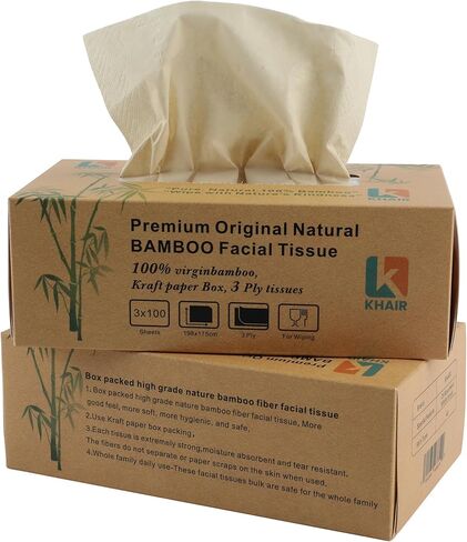 KHAIR Premium Original Natural Bamboo Facial Tissue – Soft, Strong & Eco-Friendly, 2 Pack, 3 ply Tissues, 200 Tissues, 600 Sheets For All type Skin in Kuwait