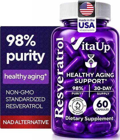 مكمل VitaUp Trans-Resveratrol - نقاء 98%، كبسولات ريسفيراترول مصنوعة في الولايات المتحدة الأمريكية 600 مجم - موحدة إلى 98% Trans-Resveratrol - مضاد للأكسدة للشيخوخة الصحية ودعم الطاقة - 60 كبسولة in Kuwait
