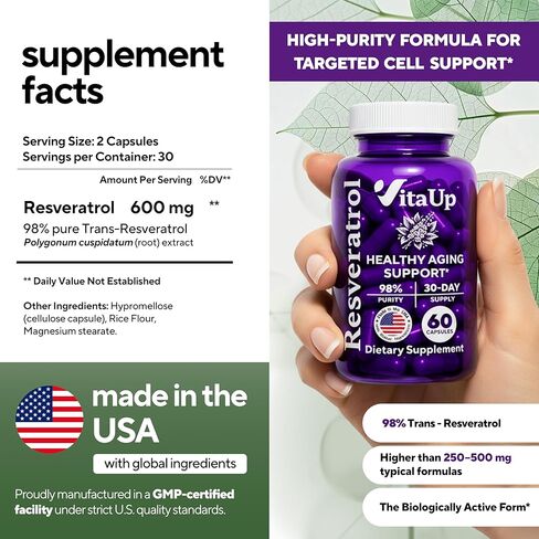 مكمل VitaUp Trans-Resveratrol - نقاء 98%، كبسولات ريسفيراترول مصنوعة في الولايات المتحدة الأمريكية 600 مجم - موحدة إلى 98% Trans-Resveratrol - مضاد للأكسدة للشيخوخة الصحية ودعم الطاقة - 60 كبسولة in Kuwait