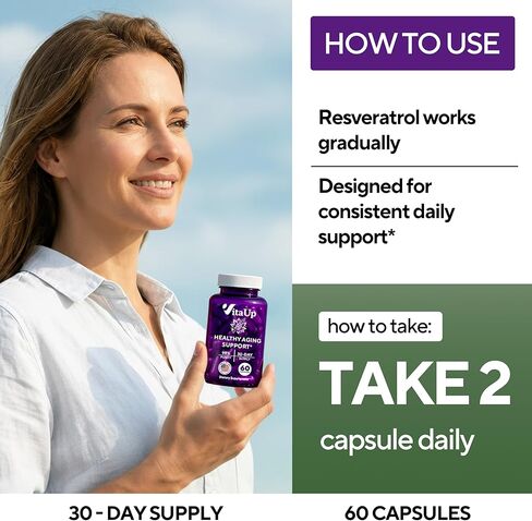 مكمل VitaUp Trans-Resveratrol - نقاء 98%، كبسولات ريسفيراترول مصنوعة في الولايات المتحدة الأمريكية 600 مجم - موحدة إلى 98% Trans-Resveratrol - مضاد للأكسدة للشيخوخة الصحية ودعم الطاقة - 60 كبسولة in Kuwait