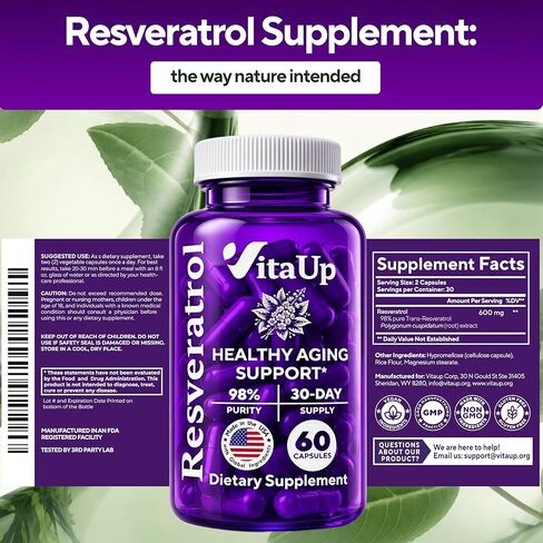 مكمل VitaUp Trans-Resveratrol - نقاء 98%، كبسولات ريسفيراترول مصنوعة في الولايات المتحدة الأمريكية 600 مجم - موحدة إلى 98% Trans-Resveratrol - مضاد للأكسدة للشيخوخة الصحية ودعم الطاقة - 60 كبسولة in Kuwait