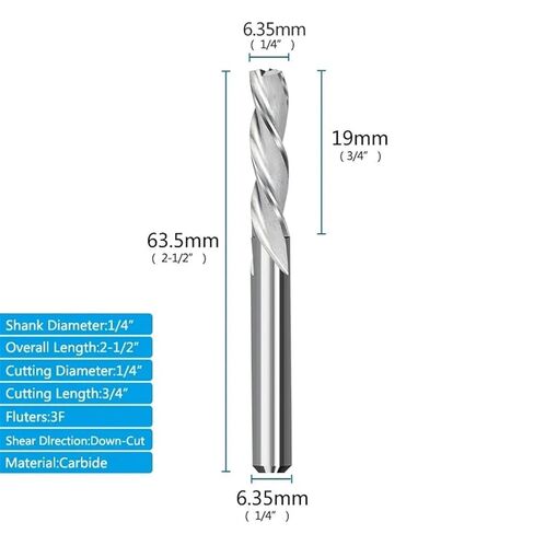 Down Cut Router Bit 1/4 Shank 3 Flute Spiral Milling Cutter for Woodworking Carbide End Mill CNC Cutter(6.35x19.05x64mm) in Saudi Arabia