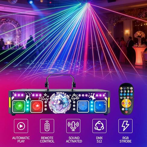 6 في 1 DMX512 ضوء مسرح ليزر منشط بالصوت، RGBW + كرة ديسكو ستروب بالأشعة فوق البنفسجية مع تأثير ديربي وزهرة القمر، ضوء حفلات DJ احترافي لنادي KTV وحفلات الزفاف المنزلية وبار كاريوكي in Kuwait