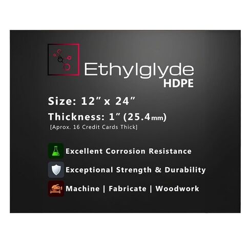 Black HDPE Sheet. Smooth Texture, Marine Board, Cutting Board, High Density Polyethylene Plastic Sheet, DIY Project Material. Nominal Cut +(-) 1/8". Fabricated in USA. 12" x 24" (1" Thick) in Saudi Arabia