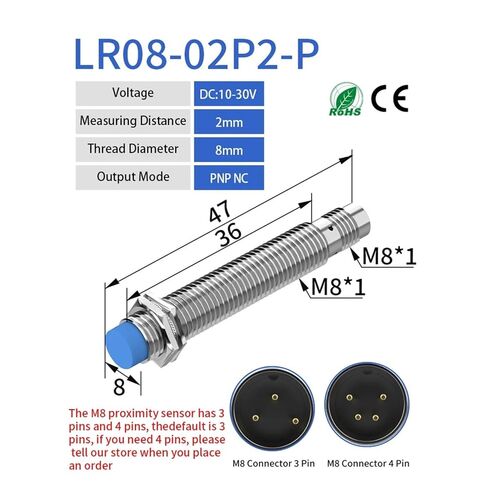 Connector Inductive Proximity Switch Sensor, Pluggable M8 Series 3pin 4pin NPN PNP Sensing Distance 2mm 1mm 6-36V, 1pc(2MM DC 3-Wire PNP NC) in Saudi Arabia