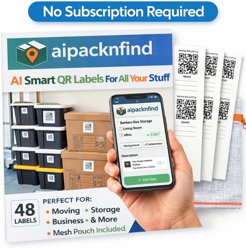 ملصقات رموز الاستجابة السريعة الذكية AI PackNFind للتنقل والتخزين - 48 ملصقًا أبيضًا كبيرًا، 3x5 بوصة - تطبيق مجاني + 1000 مسح ضوئي بالذكاء الاصطناعي - ملصقات صندوقية متينة قابلة للكتابة لصناديق التخزين وتنظيم المنزل والمكتب in Saudi Arabia