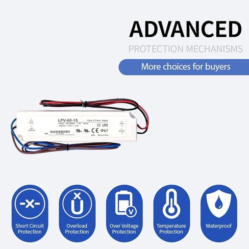 LPV-60-15 Waterproof, 60W 15V 4A - IP67 Fully Waterproof Switching Power Supply, Suitable for Outdoor LED Advertising Light Boxes, Signages, Security Cameras (90-264VAC Wide Voltage Input) in Saudi Arabia