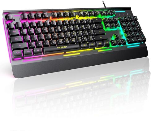 لوحة مفاتيح ألعاب TECKNET RGB، 105 مفتاح، لوحة معدنية بالكامل، إضاءة RGB 15 منطقة، لوحة مفاتيح كمبيوتر هادئة بإضاءة خلفية، مسند للمعصم، 25 مفتاحًا مضادًا للظلال، لوحة مفاتيح سلكية USB مقاومة للماء والغبار IP32 in Kuwait