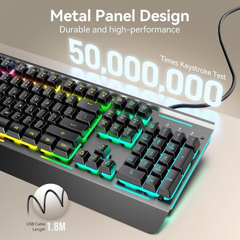 لوحة مفاتيح ألعاب TECKNET RGB، 105 مفتاح، لوحة معدنية بالكامل، إضاءة RGB 15 منطقة، لوحة مفاتيح كمبيوتر هادئة بإضاءة خلفية، مسند للمعصم، 25 مفتاحًا مضادًا للظلال، لوحة مفاتيح سلكية USB مقاومة للماء والغبار IP32 in Kuwait