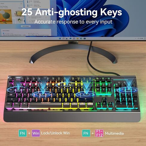 لوحة مفاتيح ألعاب TECKNET RGB، 105 مفتاح، لوحة معدنية بالكامل، إضاءة RGB 15 منطقة، لوحة مفاتيح كمبيوتر هادئة بإضاءة خلفية، مسند للمعصم، 25 مفتاحًا مضادًا للظلال، لوحة مفاتيح سلكية USB مقاومة للماء والغبار IP32 in Kuwait