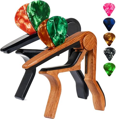 Guitar Capo for Acoustic and Electric Guitars 6-String Acoustic & Electric Guitar Capo(with Pick Holder and 5 Picks),Ukulele,Mandolin,Banjo,Guitar Accessories (Wood+Black) in Kuwait