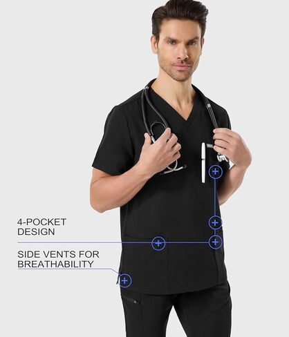Mens Scrub Top with 4 Pockets, Modern V-Neck Scrubs Top, 4-Way Stretch, Soft, Durable, Breathable, Moisture-Wicking in Saudi Arabia