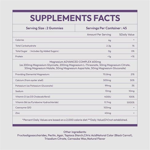 Magnesium Complex 14 in 1 Magnesium Gummies 90 Sugar-Free,Glycinate L-Threonate,Calcium,Coenzyme Q10,Vitamin B6,D3,Magnesium Supplement for Adults in Saudi Arabia