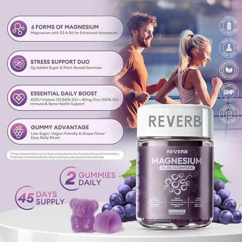 Magnesium Complex 14 in 1 Magnesium Gummies 90 Sugar-Free,Glycinate L-Threonate,Calcium,Coenzyme Q10,Vitamin B6,D3,Magnesium Supplement for Adults in Saudi Arabia