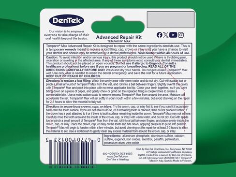 DenTek Temparin Max Advanced Dental Repair Kit, Temporary Filling & Crown Repair, 2-in-1 Solution, 0.09 oz (2.64 g) in Saudi Arabia