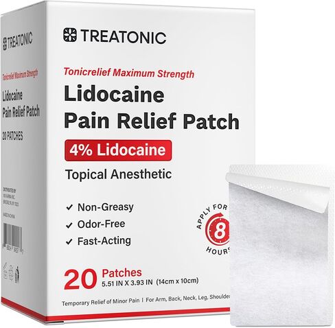 Treatonic 4% Lidocaine Pain Relief Patches: Maximum Strength Topical Numbing Analgesic Patch (20 Count) - Temporary Relief of Arm, Back, Neck, Leg & Shoulder for Daily & Nighttime - 5.51x3.93 in in Saudi Arabia