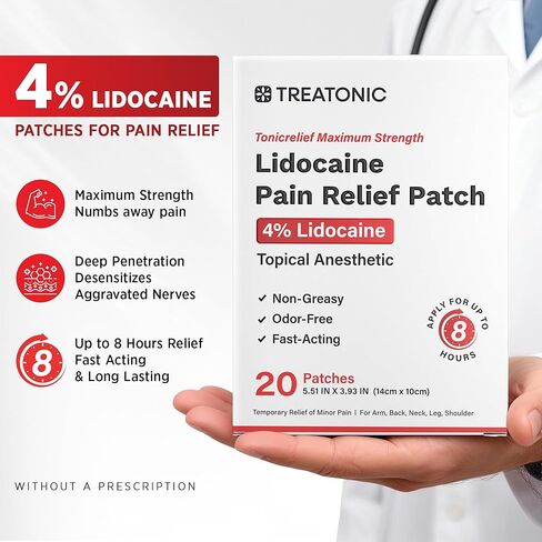 Treatonic 4% Lidocaine Pain Relief Patches: Maximum Strength Topical Numbing Analgesic Patch (20 Count) - Temporary Relief of Arm, Back, Neck, Leg & Shoulder for Daily & Nighttime - 5.51x3.93 in in Saudi Arabia