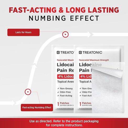 رقع تخفيف آلام ليدوكائين 4% من تريتونيك: رقعة مسكنة مخدرة موضعية ذات قوة قصوى (20 قطعة) - تخفيف مؤقت للذراع والظهر والرقبة والساق والكتف للاستخدام اليومي والليلي - 5.51 × 3.93 بوصة in Kuwait