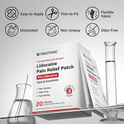 رقع تخفيف آلام ليدوكائين 4% من تريتونيك: رقعة مسكنة مخدرة موضعية ذات قوة قصوى (20 قطعة) - تخفيف مؤقت للذراع والظهر والرقبة والساق والكتف للاستخدام اليومي والليلي - 5.51 × 3.93 بوصة in Kuwait