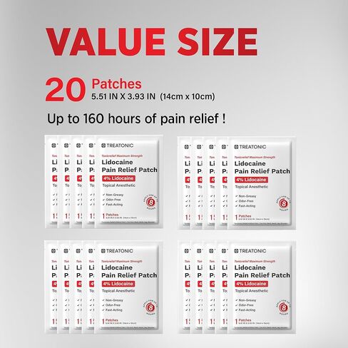 رقع تخفيف آلام ليدوكائين 4% من تريتونيك: رقعة مسكنة مخدرة موضعية ذات قوة قصوى (20 قطعة) - تخفيف مؤقت للذراع والظهر والرقبة والساق والكتف للاستخدام اليومي والليلي - 5.51 × 3.93 بوصة in Kuwait