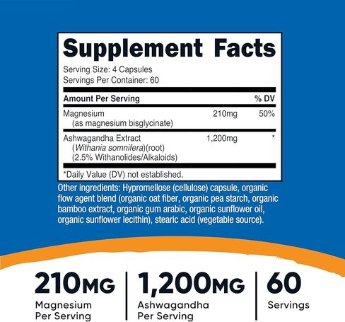 Nutricost Magnesium + مكمل Ashwagandha (1410 مجم) 240 كبسولة - 210 مجم من المغنيسيوم، 1200 مجم من Ashwagandha، نباتي، 60 وجبة in Saudi Arabia