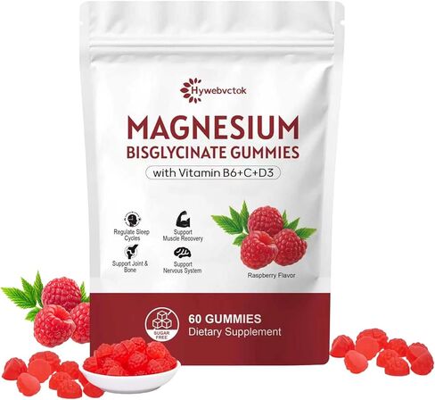 Hywebvctok 400mg Magnesium Bisglycinate Gummies with Vitamin B6, C, D3, Promotes Muscle & Nerve Function, Relaxation & Wellness, Raspberry Flavor, 60 Count in Saudi Arabia