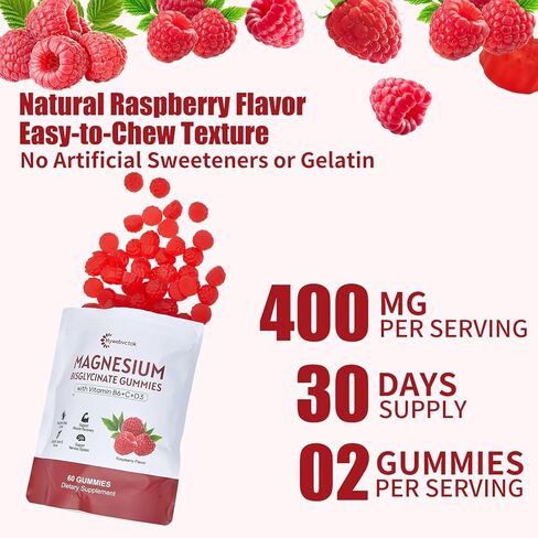 Hywebvctok 400mg Magnesium Bisglycinate Gummies with Vitamin B6, C, D3, Promotes Muscle & Nerve Function, Relaxation & Wellness, Raspberry Flavor, 60 Count in Saudi Arabia